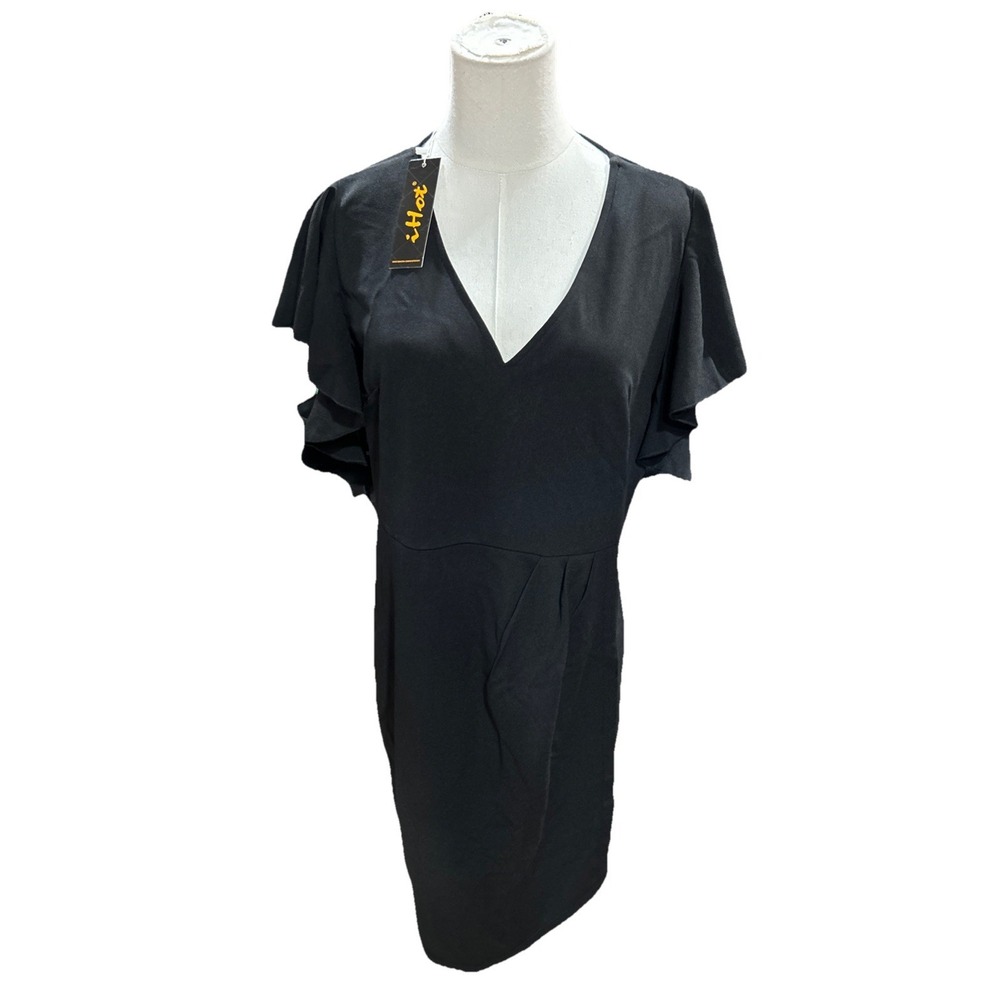 Ihot Womens Vneck Dress XL Black Cocktail Ruffle Sleeve Work Casual